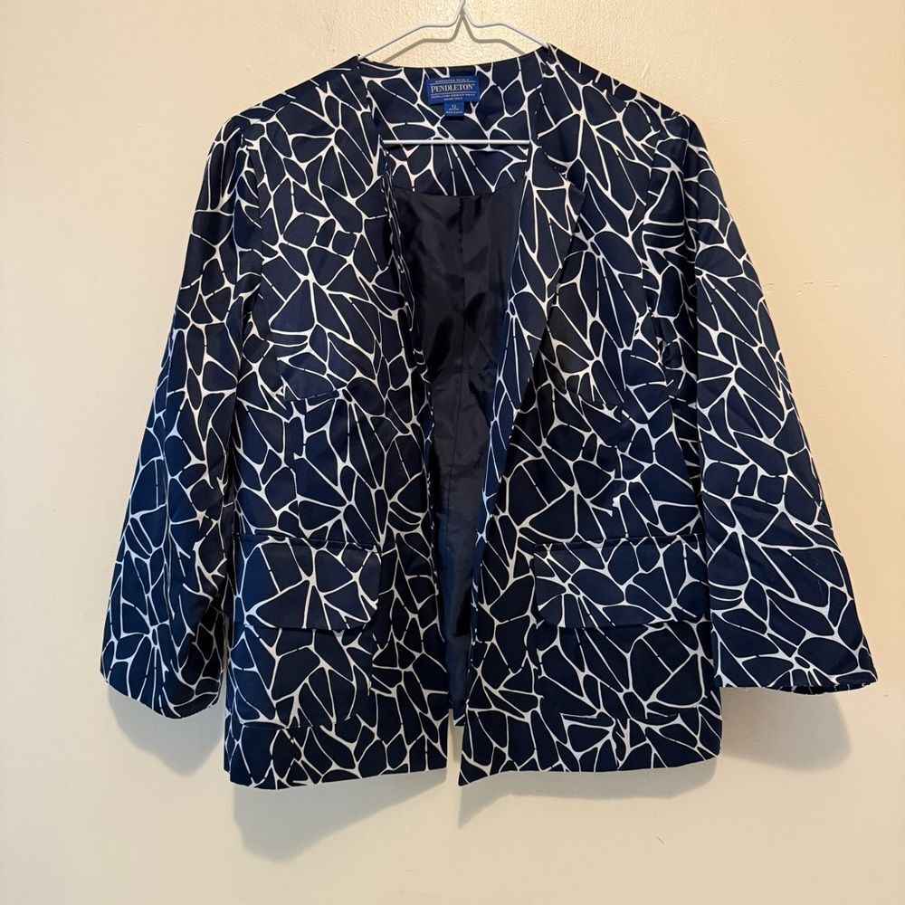 Pendleton Abstract Print Blue Silk Open Front Jacket with pockets SZ 12 petite